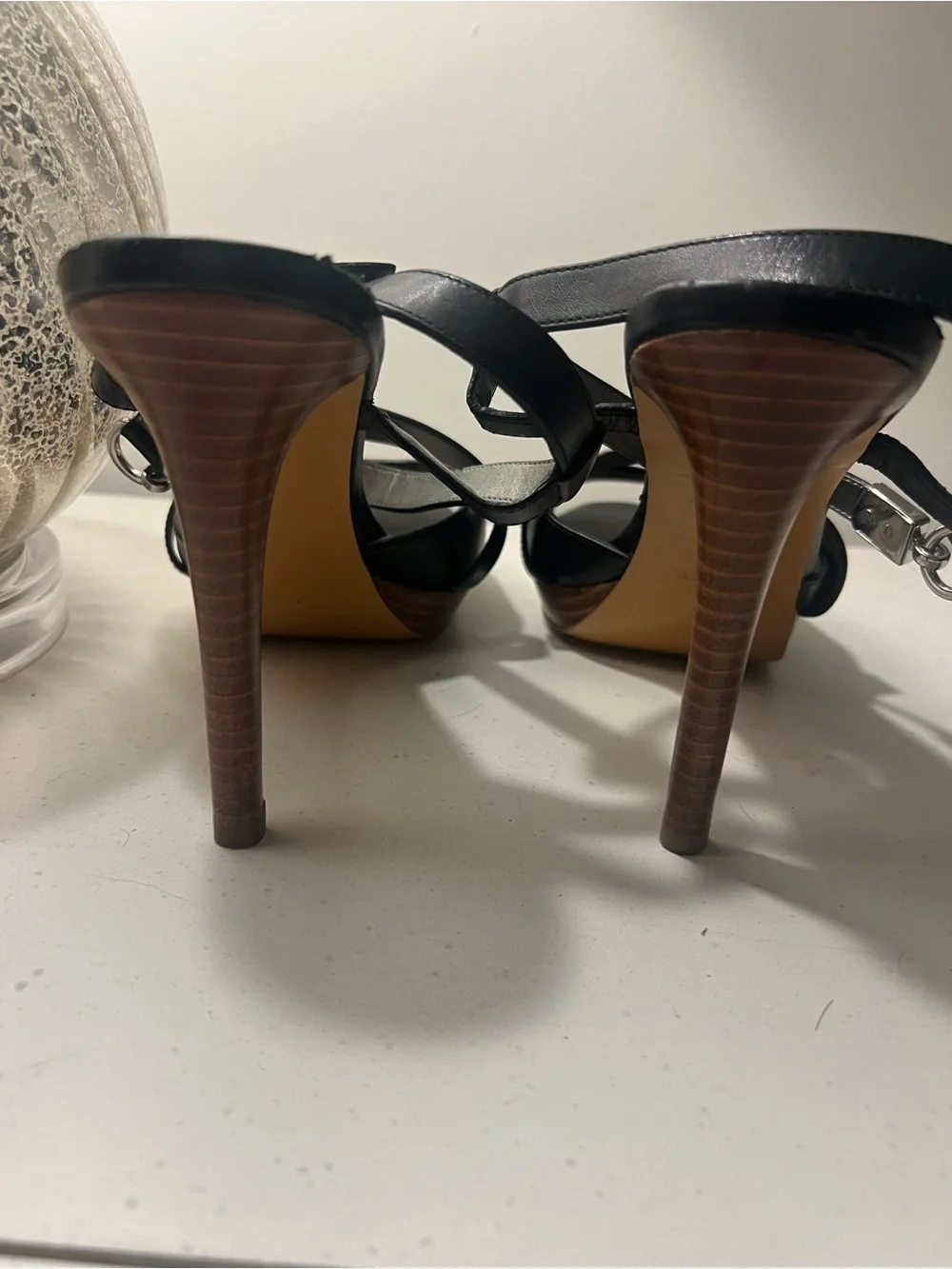 Coach Black Leather Strappy High Heel Sandal with Wood-Effect Heel